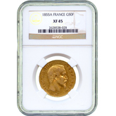 1855-A Gold French 50 Franc - NGC XF45